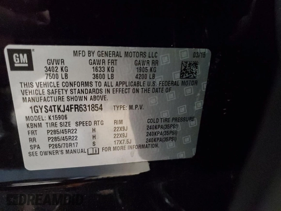 2015 Cadillac Escalade ESV Premium with VIN 1GYS4TKJ4FR631854, listed as a Copart auction lot 50346025 with 128,406 mi miles and Salvage title. Bid and sale history available at DreamBid. Image 13.