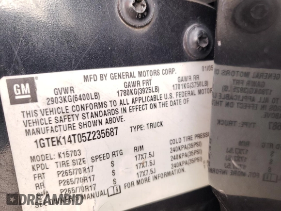 2005 GMC Sierra 1500 SLE with VIN 1GTEK14T05Z235687, listed as a Copart auction lot 51232225 with Not provided miles and Salvage title. Bid and sale history available at DreamBid. Image 12.