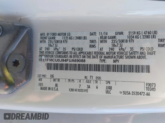 2015 Ford Escape Titanium with VIN 1FMCU0J94FUA69088, listed as a IAAI auction lot 41810406 with 167,749 mi miles. Bid and sale history available at carsss.com. Image 9.