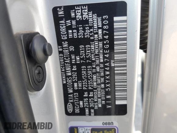 2014 Kia Sorento SX z VIN 5XYKW4A74EG547803, wystawiony jako Copart lot #58390675 z przebiegiem 138 424 mil mil oraz Szkoda całkowita • Salvage title. Historia ofert i sprzedaży dostępna na DreamBid. Obrazek 13.
