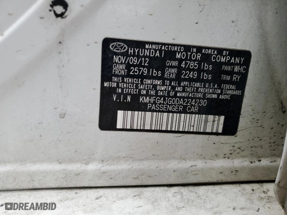 2013 Hyundai Azera with VIN KMHFG4JG0DA224230, listed as a Copart auction lot 53915475 with 143,788 mi miles and Clean Title. Bid and sale history available at carsss.com. Image 12.