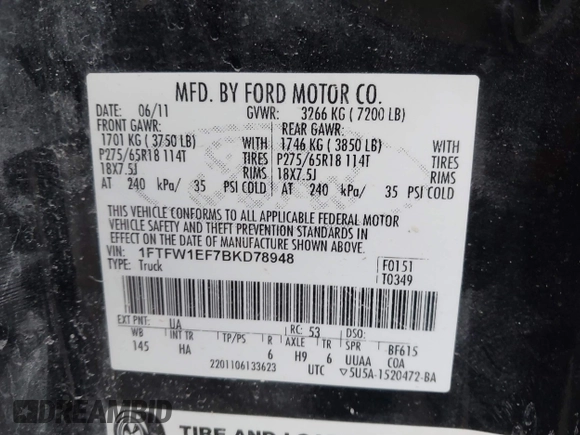 2011 Ford F-150 XL with VIN 1FTFW1EF7BKD78948, listed as a IAAI auction lot 41205201 with 164,278 mi miles. Bid and sale history available at carsss.com. Image 9.
