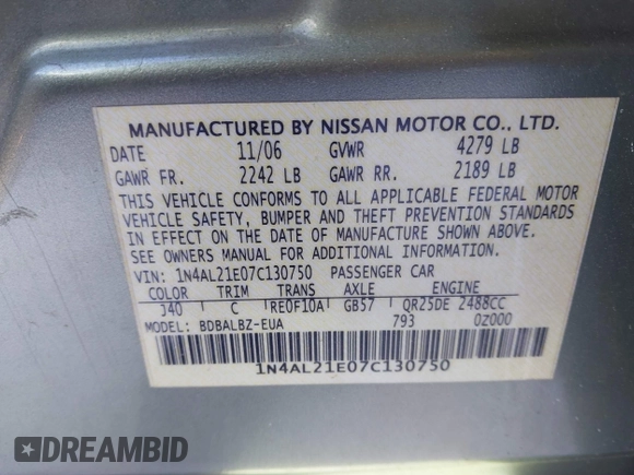 2007 Nissan Altima 2.5 S with VIN 1N4AL21E07C130750, listed as a IAAI auction lot 41376786 with 94,368 mi miles. Bid and sale history available at carsss.com. Image 9.
