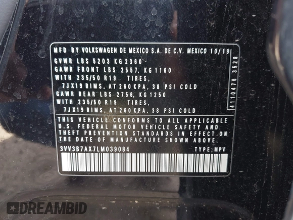 2020 Volkswagen Tiguan SE z VIN 3VV3B7AX7LM039084, wystawiony jako IAAI lot #42249016 z przebiegiem 126 763 mil mil oraz . Historia ofert i sprzedaży dostępna na DreamBid. Obrazek 9.