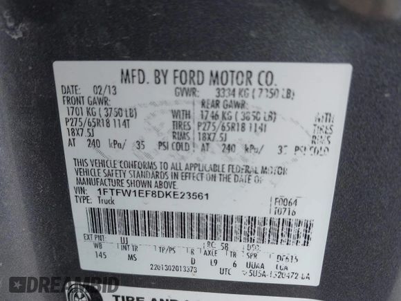 2013 Ford F-150 XL z VIN 1FTFW1EF8DKE23561, wystawiony jako IAAI lot #41747119 z przebiegiem 182 398 mil mil oraz . Historia ofert i sprzedaży dostępna na DreamBid. Obrazek 9.