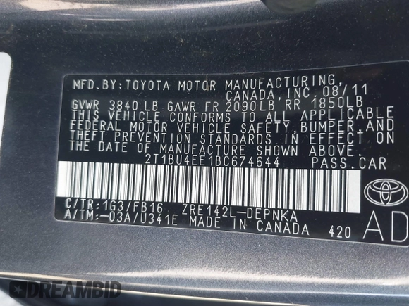 2011 Toyota Corolla L with VIN 2T1BU4EE1BC674644, listed as a IAAI auction lot 41876165 with 128,830 mi miles. Bid and sale history available at carsss.com. Image 9.