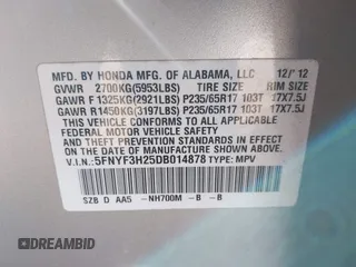 2013 Honda Pilot LX with VIN 5FNYF3H25DB014878, listed as a IAAI auction lot 42014613 with 169,292 mi miles and . Bid and sale history available at DreamBid. Image 9.