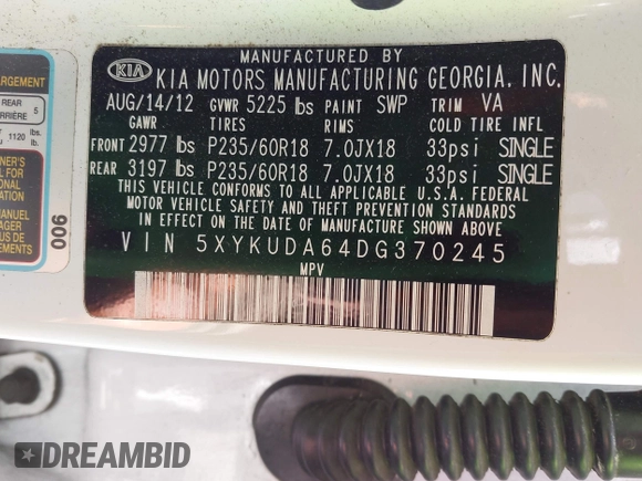 2013 Kia Sorento EX with VIN 5XYKUDA64DG370245, listed as a IAAI auction lot 42688504 with 172,060 mi miles and . Bid and sale history available at DreamBid. Image 9.
