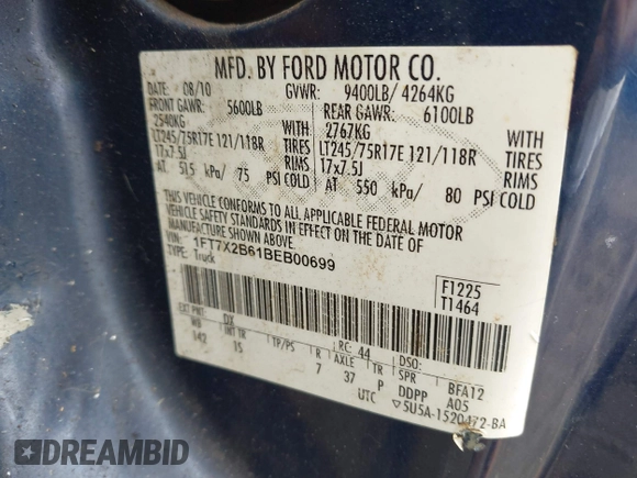 2011 Ford F-250 XL with VIN 1FT7X2B61BEB00699, listed as a IAAI auction lot 42662479 with 148,483 mi miles and . Bid and sale history available at DreamBid. Image 9.