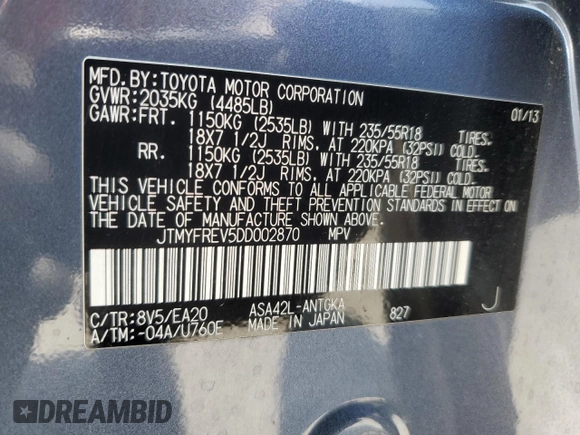 2013 Toyota RAV4 Limited with VIN JTMYFREV5DD002870, listed as a Copart auction lot 61839915 with 147,986 mi miles and Salvage title. Bid and sale history available at DreamBid. Image 13.