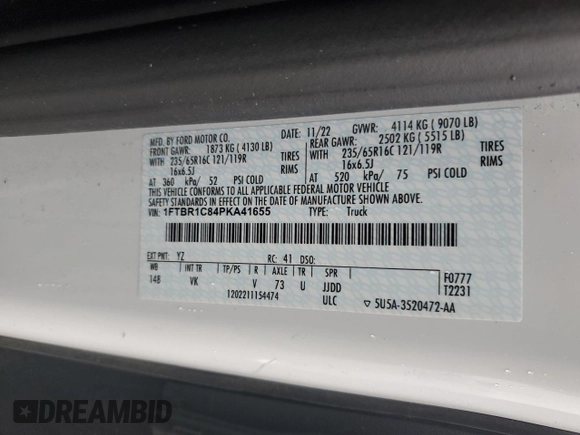 2023 Ford Transit Cargo with VIN 1FTBR1C84PKA41655, listed as a Copart auction lot 42423115 with 125,492 mi miles and Salvage Title. Bid and sale history available at carsss.com. Image 12.