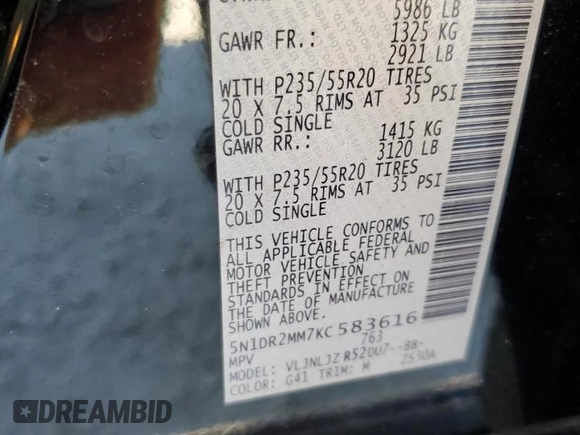 2019 Nissan Pathfinder S with VIN 5N1DR2MM7KC583616, listed as a Copart auction lot 44192815 with 51,097 mi miles and Salvage title. Bid and sale history available at DreamBid. Image 14.