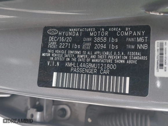 2021 Hyundai Elantra SE with VIN KMHLL4AG8MU121800, listed as a IAAI auction lot 41489779 with 38,913 mi miles. Bid and sale history available at carsss.com. Image 9.