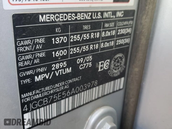 2006 Mercedes-Benz R 5.0L with VIN 4JGCB75E56A003978, listed as a Copart auction lot 49495385 with 339,155 mi miles and Salvage title. Bid and sale history available at DreamBid. Image 13.