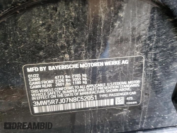 2022 BMW 3 Series 330i xDrive with VIN 3MW5R7J07N8C52051, listed as a Copart auction lot 59055745 with Not provided miles and Salvage title. Bid and sale history available at DreamBid. Image 12.