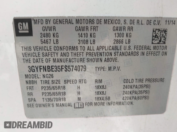 2015 Cadillac SRX Luxury Collection with VIN 3GYFNBE35FS574079, listed as a IAAI auction lot 41687762 with Not Provided miles and . Bid and sale history available at carsss.com. Image 9.
