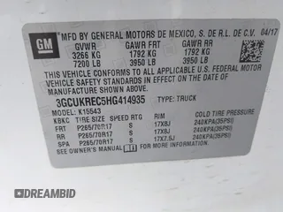 2017 Chevrolet Silverado 1500 LT with VIN 3GCUKREC5HG414935, listed as a IAAI auction lot 41064938 with 197,767 mi miles and . Bid and sale history available at DreamBid. Image 9.
