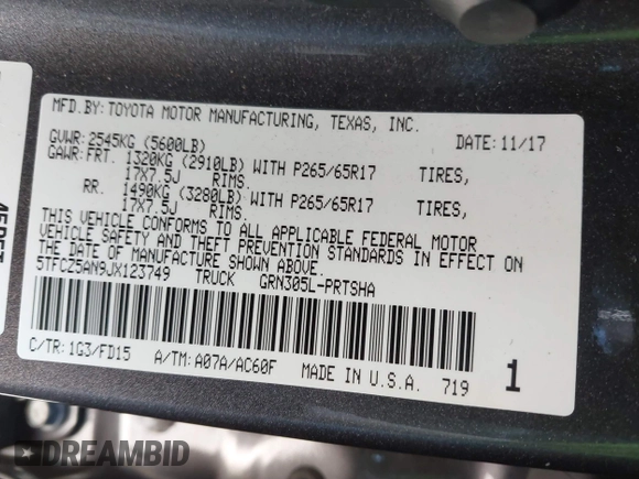 2018 Toyota Tacoma SR with VIN 5TFCZ5AN9JX123749, listed as a IAAI auction lot 41768884 with 42,852 mi miles and . Bid and sale history available at DreamBid. Image 9.