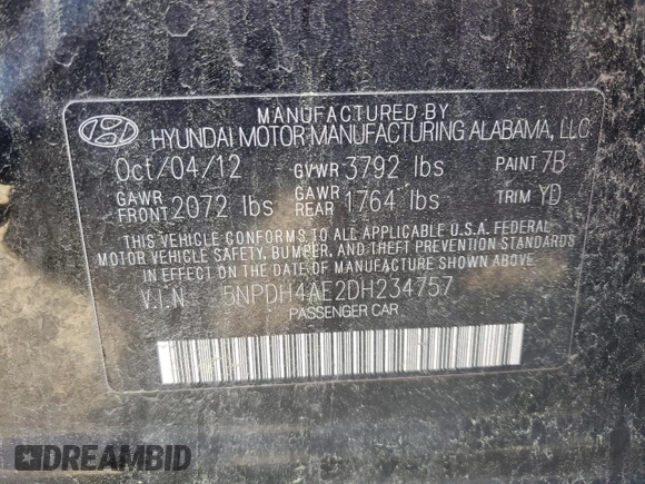 2013 Hyundai Elantra GLS с VIN 5NPDH4AE2DH234757, выставлен на аукционе Copart как лот 52202825 с пробегом 203 346 миль миль и Списание • Salvage title. История ставок и продаж доступна на DreamBid. Изображение 14.