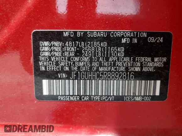 2024 Subaru Impreza RS с VIN JF1GUHHC5R8892816, выставлен на аукционе Copart как лот 60738735 с пробегом 4 926 миль миль и Списание • Salvage title. История ставок и продаж доступна на DreamBid. Изображение 12.