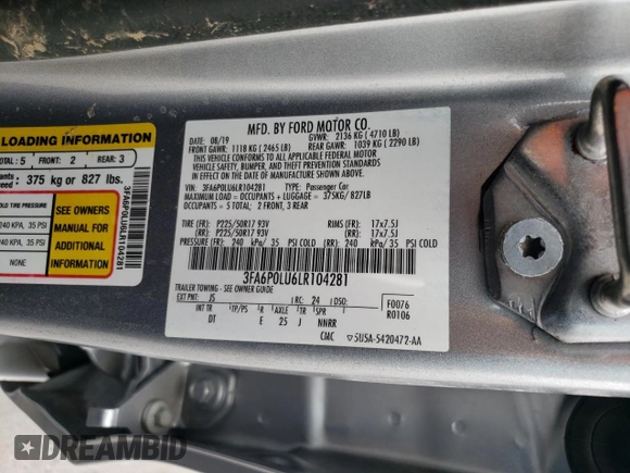 2020 Ford Fusion Hybrid SE with VIN 3FA6P0LU6LR104281, listed as a Copart auction lot 50644585 with 0 mi miles and Salvage Title. Bid and sale history available at carsss.com. Image 12.
