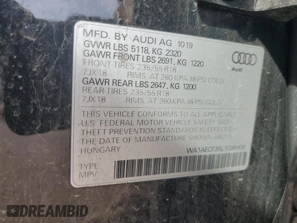 2020 Audi Q3 Premium with VIN WA1AECF35L1035909, listed as a Copart auction lot 49854725 with 78,602 mi miles and Salvage title. Bid and sale history available at DreamBid. Image 13.