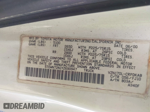 2000 Toyota Tacoma with VIN 5TEWN72N1YZ690947, listed as a IAAI auction lot 41951521 with 207,119 mi miles and . Bid and sale history available at DreamBid. Image 9.