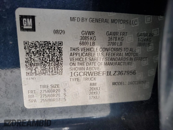2020 Chevrolet Silverado 1500 Custom with VIN 1GCRWBEF1LZ367956, listed as a Copart auction lot 71474454 with 0 mi miles and Salvage Title. Bid and sale history available at carsss.com. Image 13.