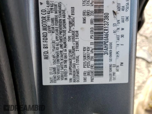 2012 Ford Fusion SEL with VIN 3FAHP0JA6CR137380, listed as a Copart auction lot 83534014 with Not provided miles and Salvage title. Bid and sale history available at DreamBid. Image 13.