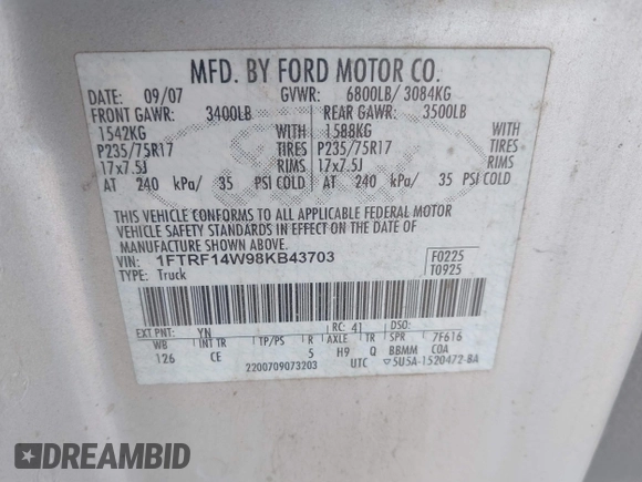 2008 Ford F-150 XL with VIN 1FTRF14W98KB43703, listed as a IAAI auction lot 41653524 with 166,253 mi miles. Bid and sale history available at carsss.com. Image 9.
