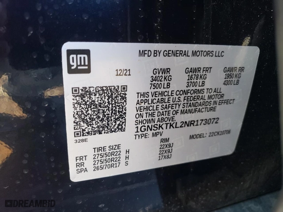 2022 Chevrolet Tahoe High Country with VIN 1GNSKTKL2NR173072, listed as a Copart auction lot 46648215 with 29,592 mi miles and Salvage Title. Bid and sale history available at carsss.com. Image 12.