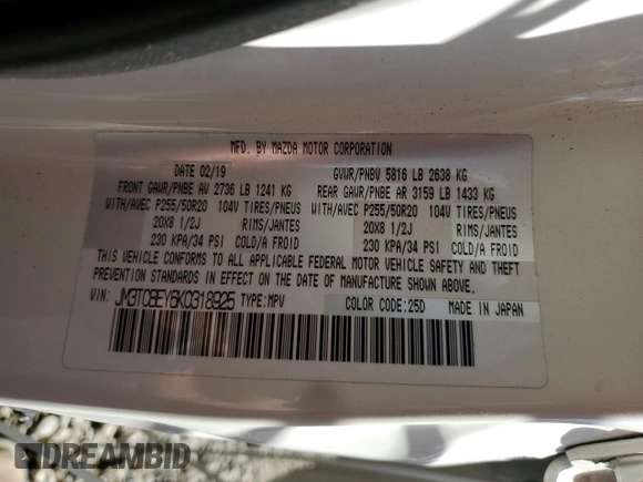 2019 Mazda CX-9 Signature with VIN JM3TCBEY6K0318925, listed as a Copart auction lot 47686705 with 73,264 mi miles and Salvage Title. Bid and sale history available at carsss.com. Image 15.