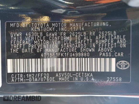 2015 Toyota Camry XLE with VIN 4T1BF1FK1FU499880, listed as a Copart auction lot 47178495 with 110,703 mi miles and Salvage Title. Bid and sale history available at DreamBid. Image 12.
