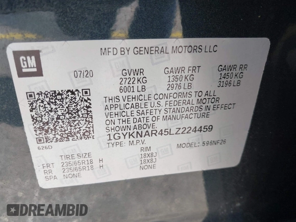 2020 Cadillac XT5 Luxury FWD z VIN 1GYKNAR45LZ224459, wystawiony jako IAAI lot #42295055 z przebiegiem 69 751 mil mil oraz . Historia ofert i sprzedaży dostępna na DreamBid. Obrazek 9.