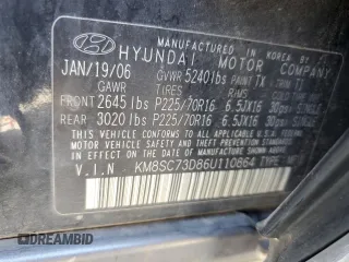 2006 Hyundai Santa Fe GLS with VIN KM8SC73D86U110864, listed as a Copart auction lot 46885805 with 184,782 mi miles and Clean Title. Bid and sale history available at carsss.com. Image 13.