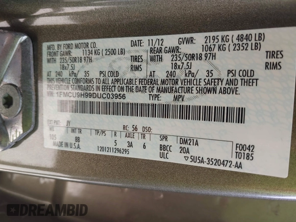 2013 Ford Escape SEL with VIN 1FMCU9H99DUC03956, listed as a IAAI auction lot 41891855 with 84,428 mi miles and . Bid and sale history available at DreamBid. Image 9.