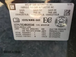 2011 GMC Terrain SLE-2 with VIN 2CTFLTEC4B6265346, listed as a Copart auction lot 62156475 with 142,345 mi miles and Salvage title. Bid and sale history available at DreamBid. Image 13.