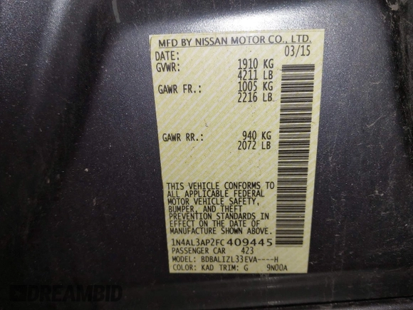 2015 Nissan Altima SL z VIN 1N4AL3AP2FC409445, wystawiony jako IAAI lot #42335870 z przebiegiem 101 346 mil mil oraz . Historia ofert i sprzedaży dostępna na DreamBid. Obrazek 9.