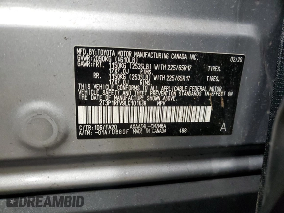 2020 Toyota RAV4 XLE with VIN 2T3P1RFV9LC101638, listed as a Copart auction lot 49167915 with 86,111 mi miles and Salvage Title. Bid and sale history available at DreamBid. Image 13.