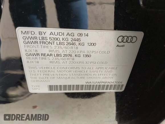2015 Audi Q5 Premium Plus with VIN WA1LFAFP6FA047004, listed as a IAAI auction lot 42111071 with 83,576 mi miles and . Bid and sale history available at DreamBid. Image 9.