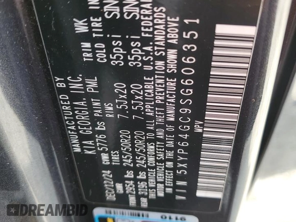 2025 Kia Telluride S z VIN 5XYP64GC9SG606351, wystawiony jako Copart lot #58441825 z przebiegiem 9 925 mil mil oraz Nie do naprawy • Non repairable. Historia ofert i sprzedaży dostępna na DreamBid. Obrazek 13.