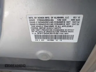 2012 Honda Pilot EX-L with VIN 5FNYF3H54CB019160, listed as a IAAI auction lot 42481437 with 142,911 mi miles and . Bid and sale history available at DreamBid. Image 9.