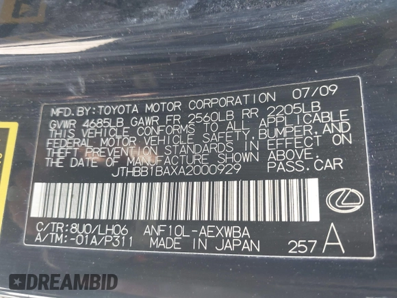 2010 Lexus HS 250h with VIN JTHBB1BAXA2000929, listed as a IAAI auction lot 42067247 with 175,452 mi miles. Bid and sale history available at carsss.com. Image 9.