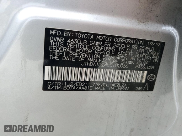 2020 Lexus IS 300 with VIN JTHDA1D24L5102066, listed as a Copart auction lot 60541715 with 80,090 mi miles and Salvage title. Bid and sale history available at DreamBid. Image 12.