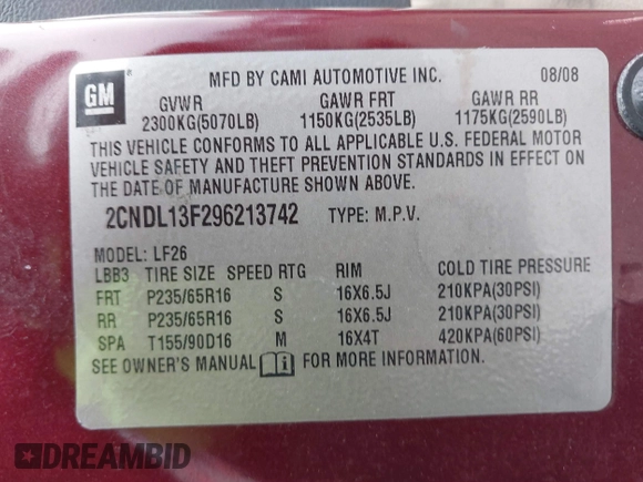 2009 Chevrolet Equinox LS with VIN 2CNDL13F296213742, listed as a IAAI auction lot 41725711 with 194,684 mi miles. Bid and sale history available at carsss.com. Image 9.