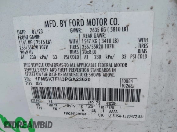 2023 Ford Explorer Limited с VIN 1FMSK7FH3PGA23620, выставлен на аукционе IAAI как лот 42428234 с пробегом 54 299 миль миль и . История ставок и продаж доступна на DreamBid. Изображение 9.