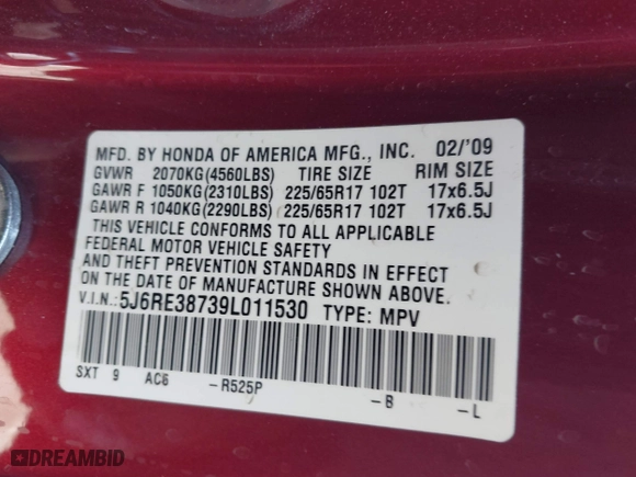 2009 Honda CR-V EX-L with VIN 5J6RE38739L011530, listed as a IAAI auction lot 41988642 with 1 mi miles. Bid and sale history available at carsss.com. Image 9.