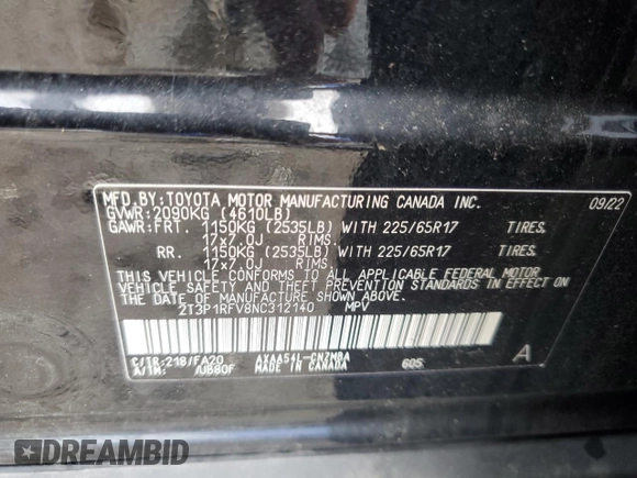 2022 Toyota RAV4 XLE with VIN 2T3P1RFV8NC312140, listed as a Copart auction lot 64375005 with 22,129 mi miles and Salvage title. Bid and sale history available at DreamBid. Image 13.