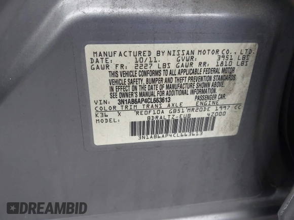 2012 Nissan Sentra SR with VIN 3N1AB6AP4CL663613, listed as a IAAI auction lot 42634373 with Not provided miles and . Bid and sale history available at DreamBid. Image 9.