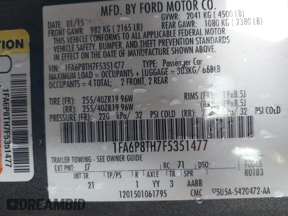2015 Ford Mustang EcoBoost z VIN 1FA6P8TH7F5351477, wystawiony jako IAAI lot #41378347 z przebiegiem 104 755 mil mil oraz . Historia ofert i sprzedaży dostępna na DreamBid. Obrazek 9.